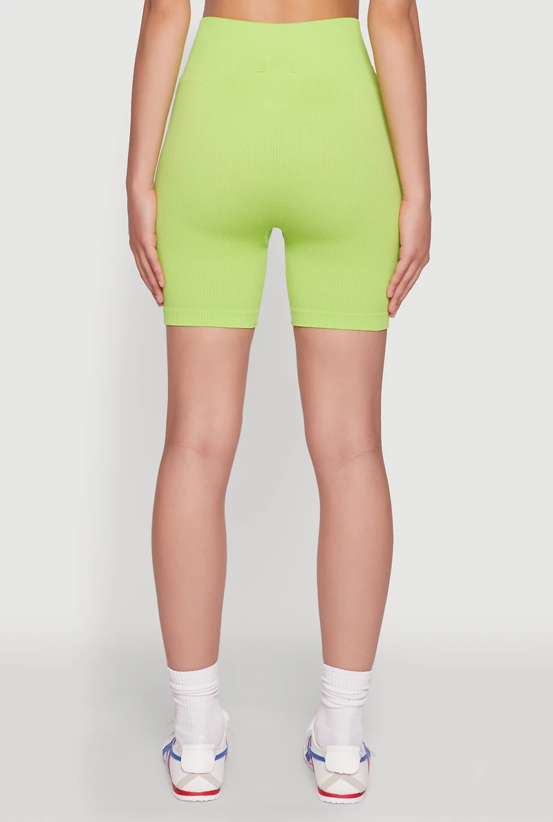 Womens Seamless Wide Waistband Biker Shorts, Green, Size M-L