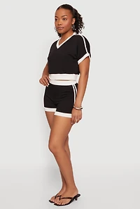 Textured Knit Contrast Trim Crop Top