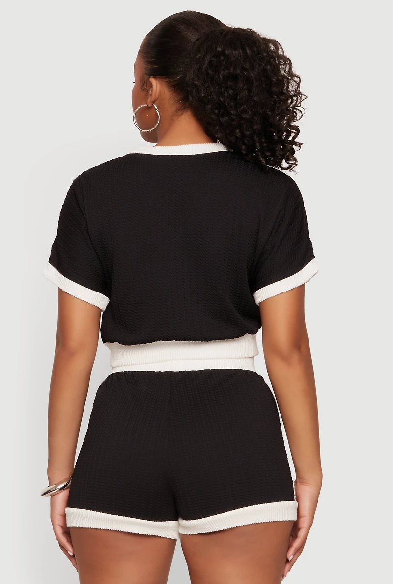 Textured Knit Contrast Trim Crop Top