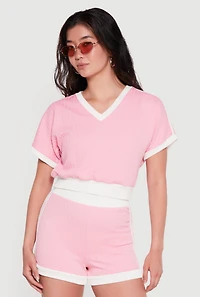 Textured Knit Contrast Trim Crop Top