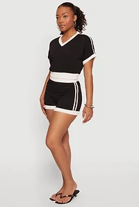 Textured Knit Varsity Striped Detail Shorts