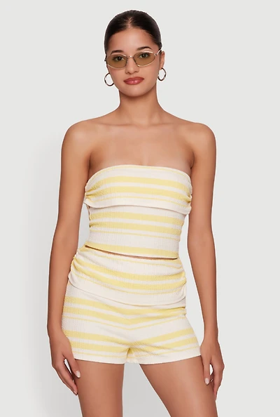 Striped Side Ruched Fold Over Crop Tube Top
