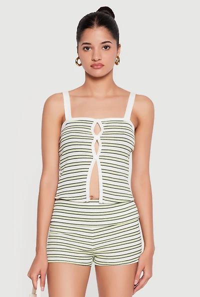 Faux Button Front Striped Cami with Keyholes