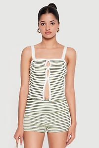 Faux Button Front Striped Cami with Keyholes