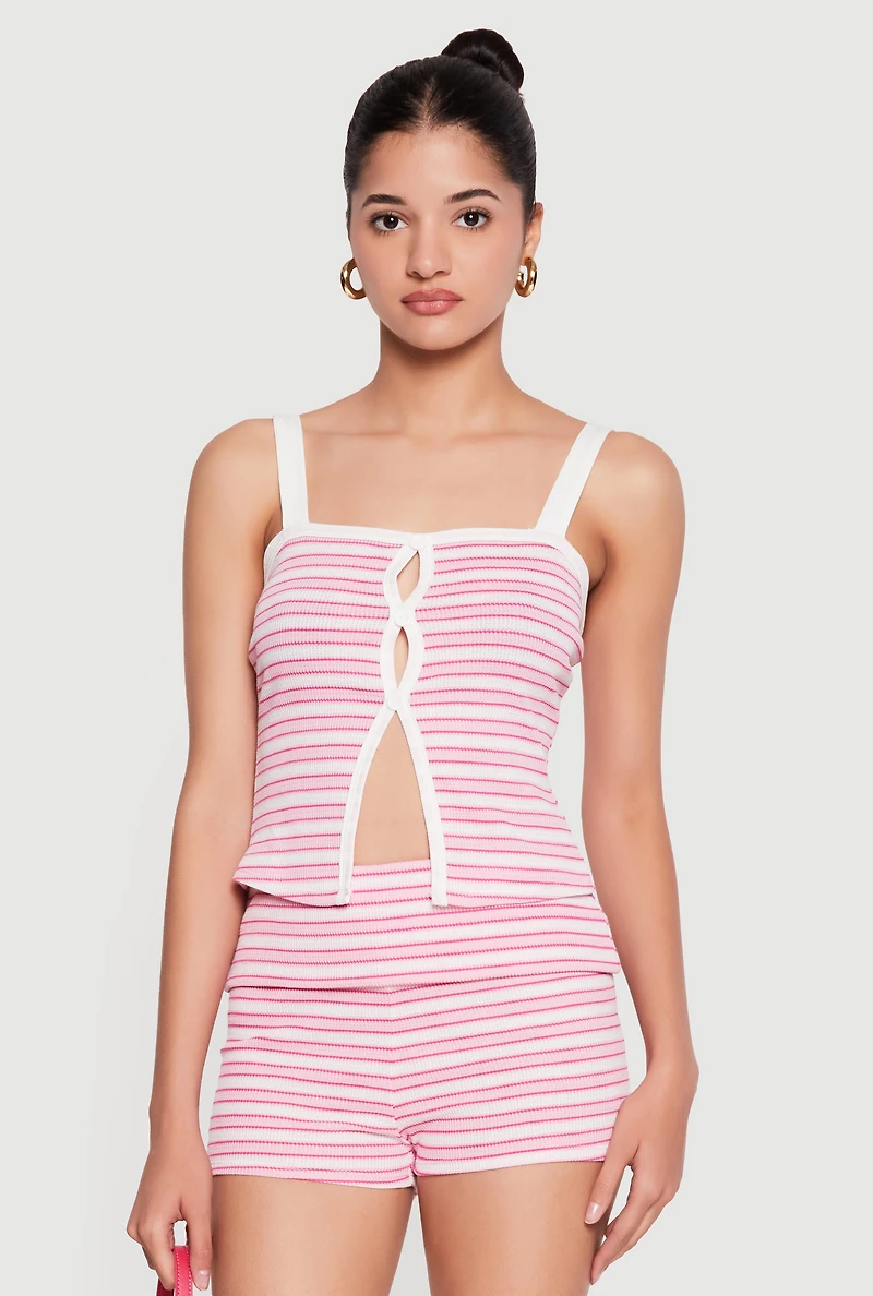 Faux Button Front Striped Cami with Keyholes