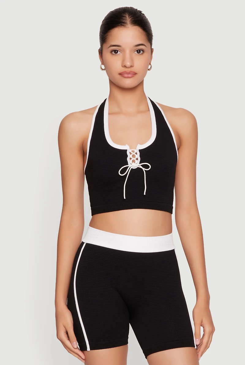 Seamless Contrast Trim Lace Up Notch Neck Halter Top