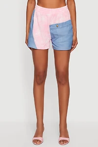 Ribbed Knit Acid Wash Shorts with Chambray Detail