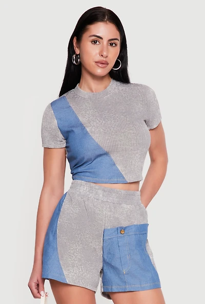 Ribbed Knit Acid Wash Top with Chambray Detail