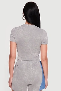 Ribbed Knit Acid Wash Top with Chambray Detail