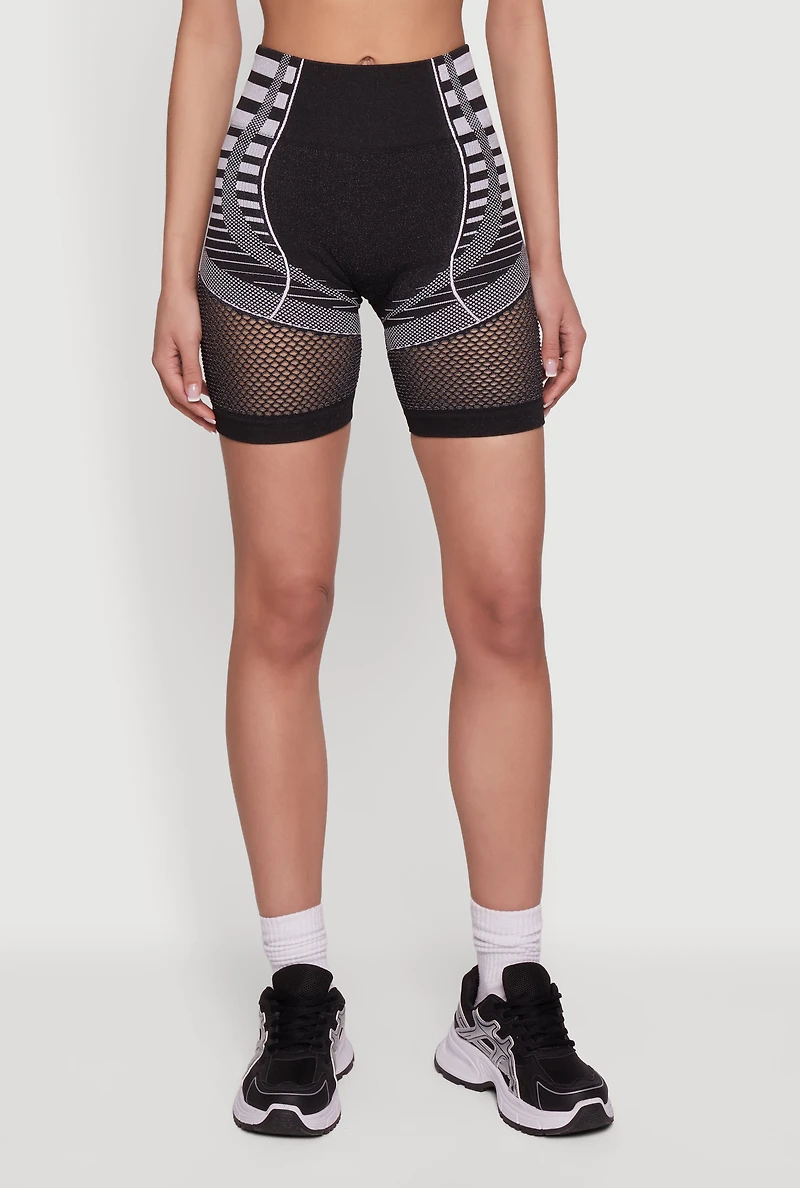 Striped Fishnet Detail Seamless Biker Shorts