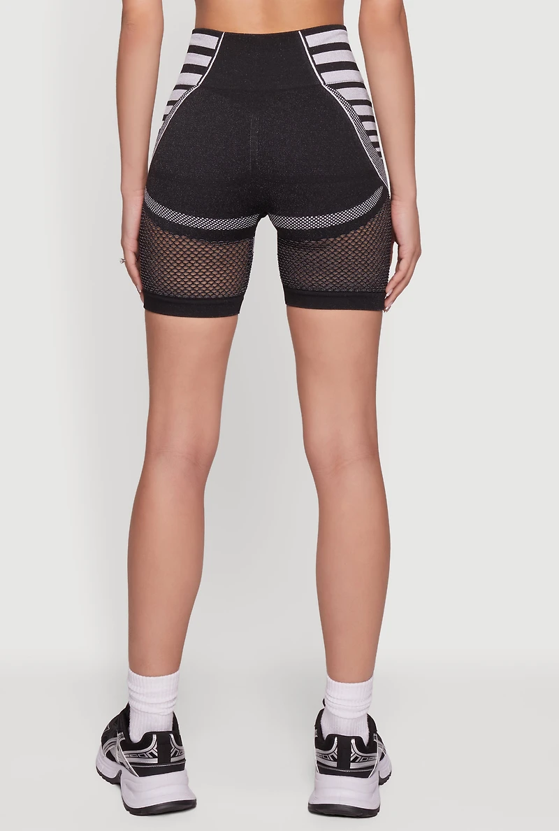 Striped Fishnet Detail Seamless Biker Shorts