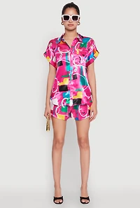 Womens Satin Abstract Print Dolman Sleeve Shirt, Multi, Size M