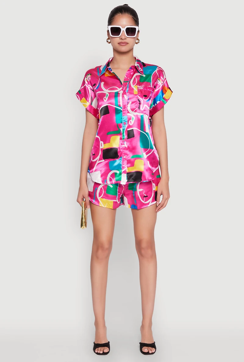 Womens Satin Abstract Print Dolman Sleeve Shirt, Multi, Size L