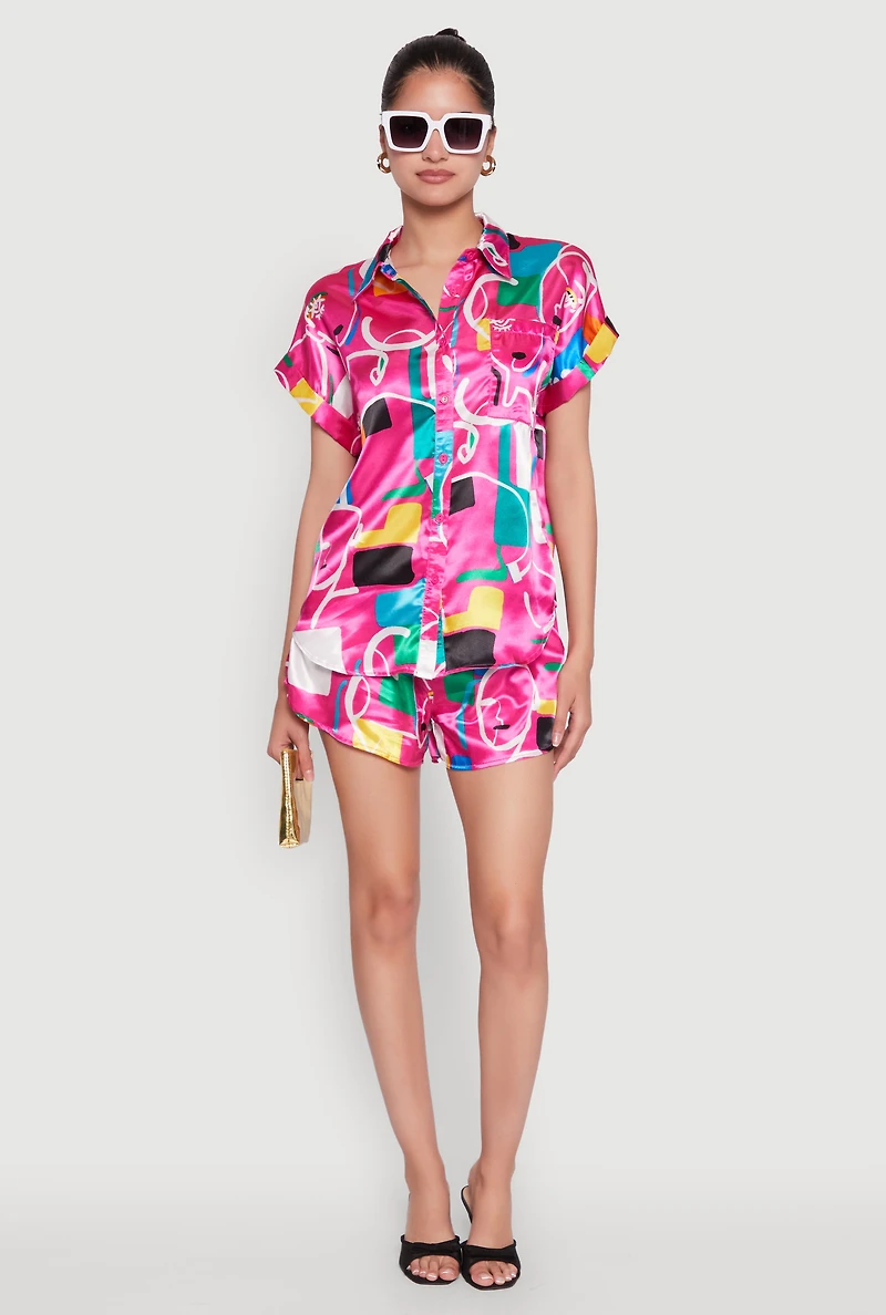 Womens Satin Abstract Print Dolman Sleeve Shirt, Multi, Size M