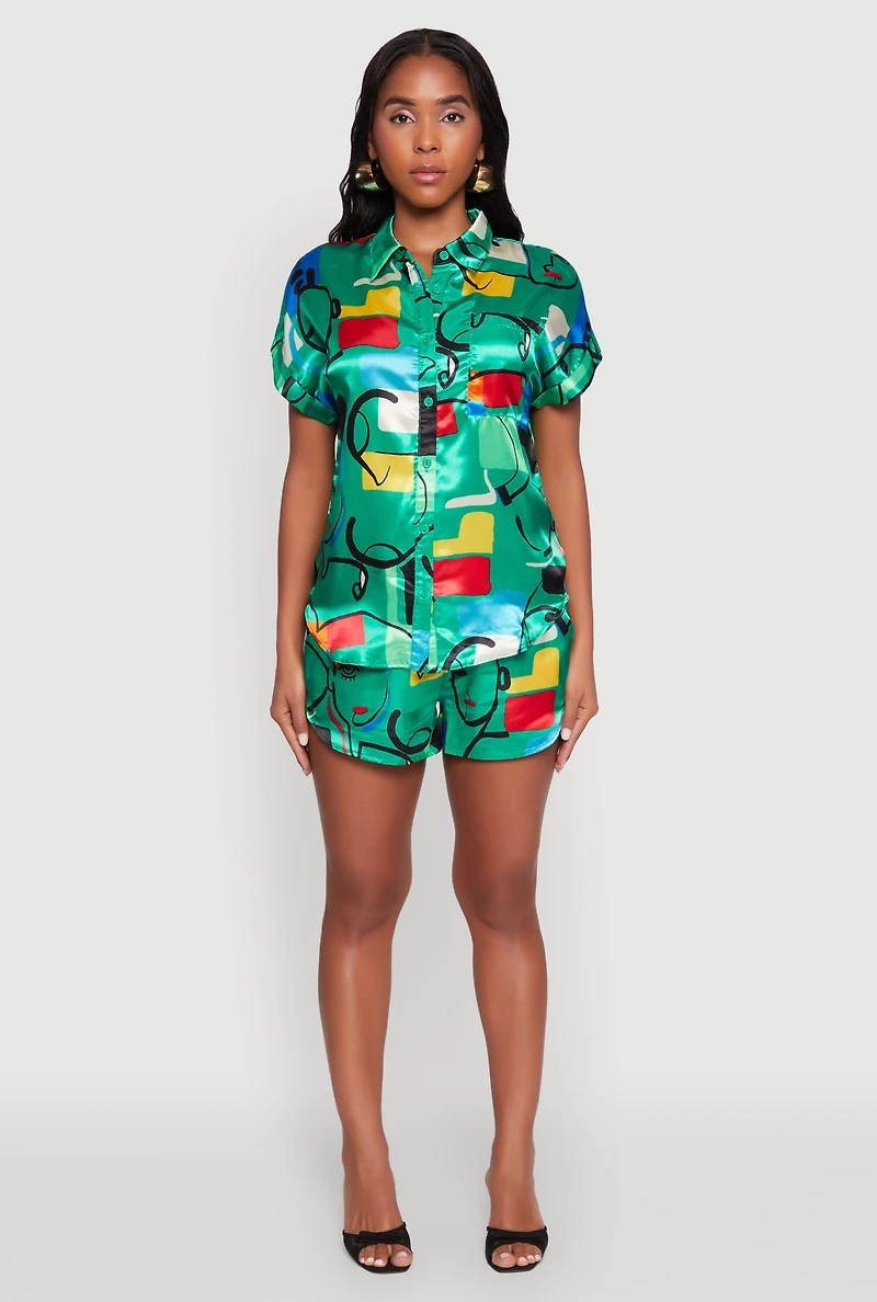 Womens Satin Geometric Print High Waisted Shorts, Green,