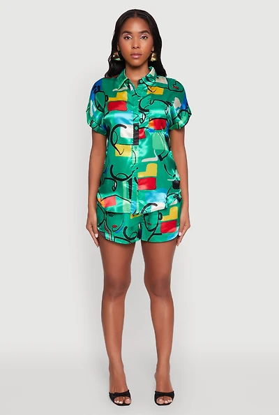 Womens Satin Geometric Print High Waisted Shorts, Green,