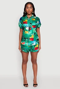 Womens Satin Geometric Print High Waisted Shorts, Green,