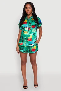 Womens Satin Geometric Print High Waisted Shorts, Green,