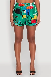 Womens Satin Geometric Print High Waisted Shorts, Green,