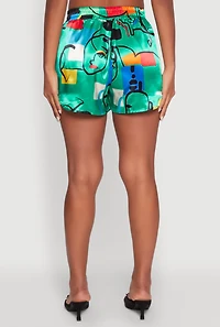 Womens Satin Geometric Print High Waisted Shorts, Green,