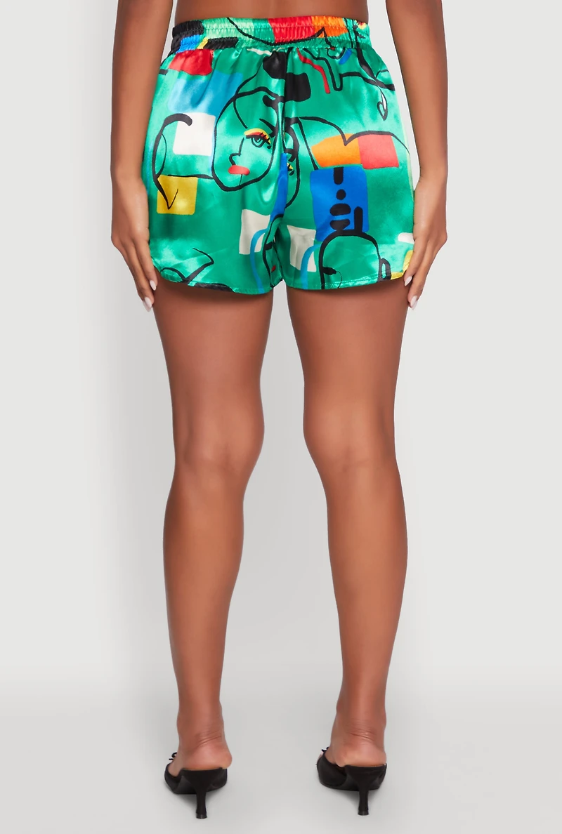 Womens Satin Geometric Print High Waisted Shorts, Green, Size S