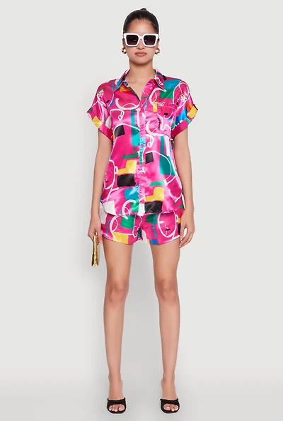 Womens Satin Geometric Print High Waisted Shorts, Pink, Size S