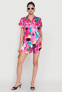 Womens Satin Geometric Print High Waisted Shorts, Pink, Size M