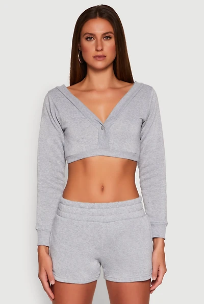 Womens Fleece Plunge Cropped Sweatshirt, Grey, Size L
