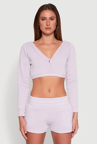 Womens Fleece Plunge Cropped Sweatshirt, Purple, Size M