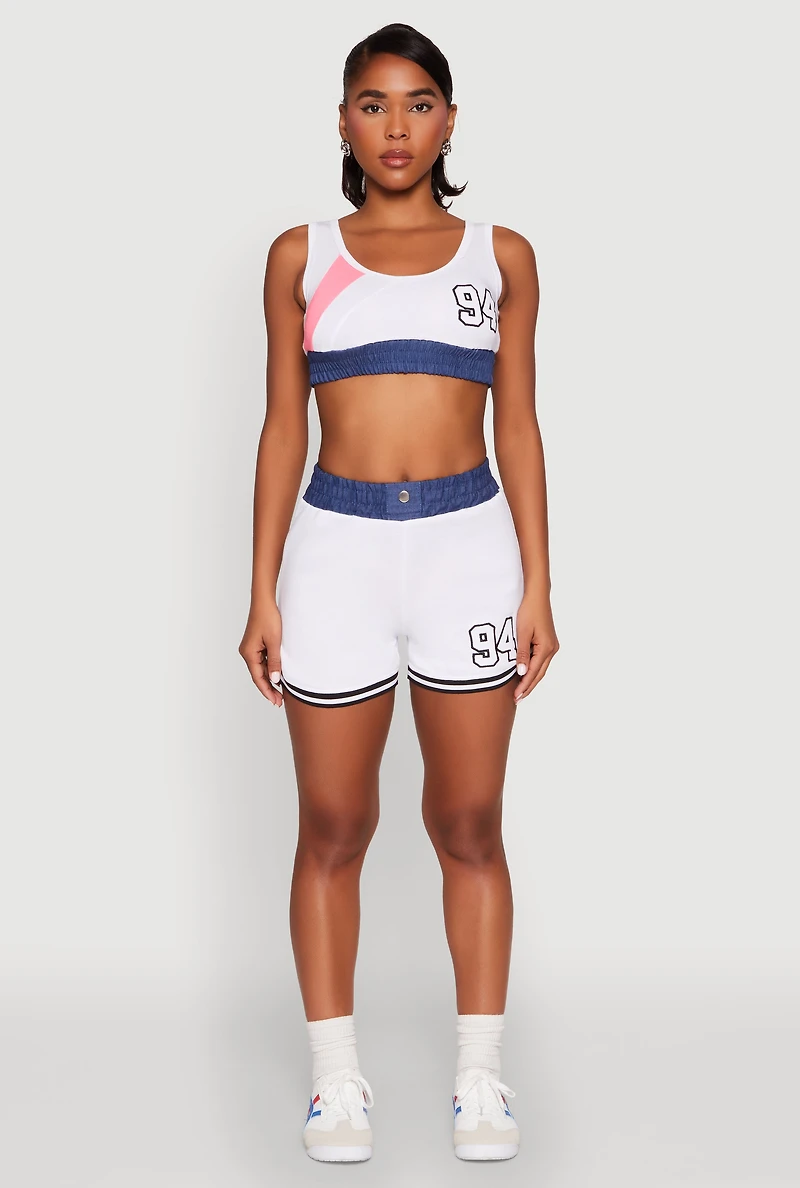 Womens 94 Graphic Denim Trim Crop Top, White,