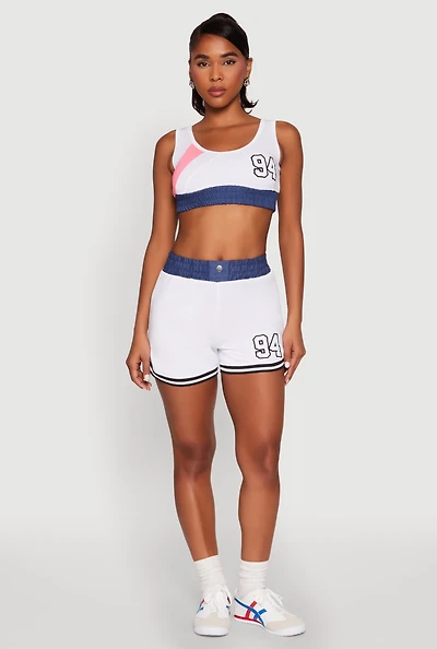 Womens 94 Graphic Denim Trim Shorts, White, Size M