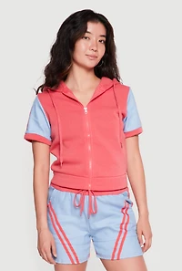 Chambray Sleeve Detail Zip Front Hooded Sweatshirt