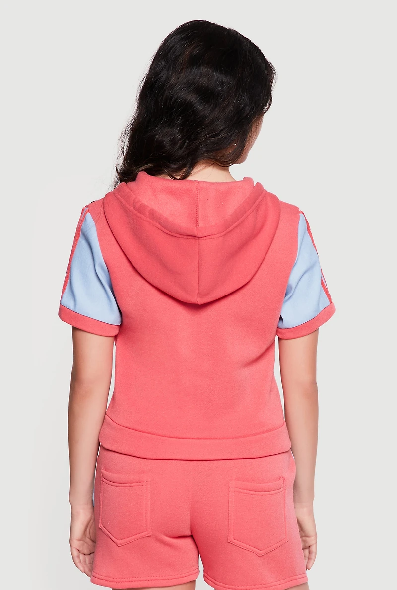 Chambray Sleeve Detail Zip Front Hooded Sweatshirt