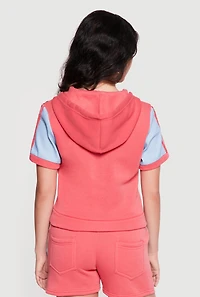Chambray Sleeve Detail Zip Front Hooded Sweatshirt