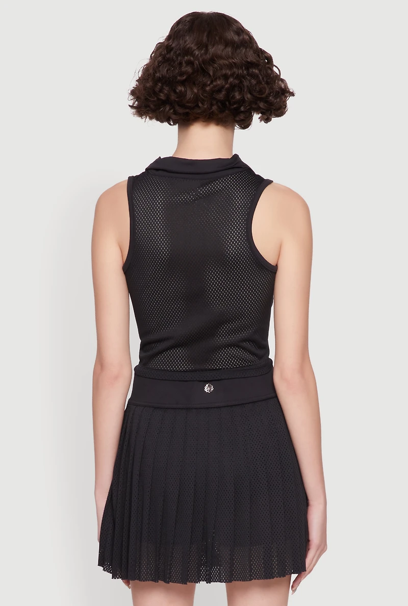 Womens Stylish Zip Front Jersey Mesh Back Polo Top, Black, Size M