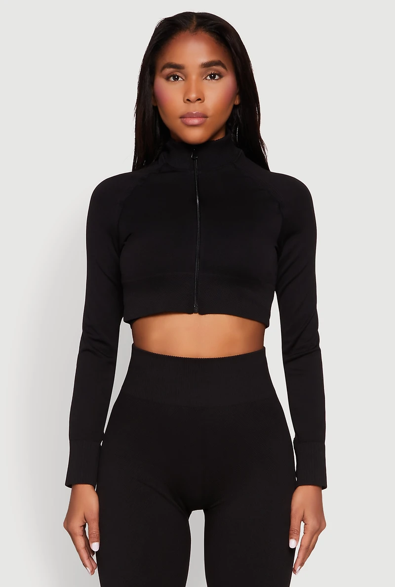 Womens Seamless Mock Neck Zip Front Track Jacket, Black, Size L-XL