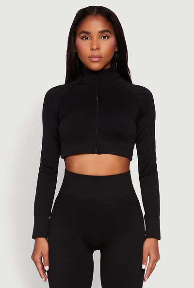 Womens Seamless Mock Neck Zip Front Track Jacket, Black, Size L-XL