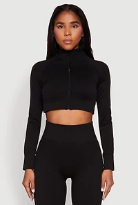 Womens Seamless Mock Neck Zip Front Track Jacket, Black, Size L-XL
