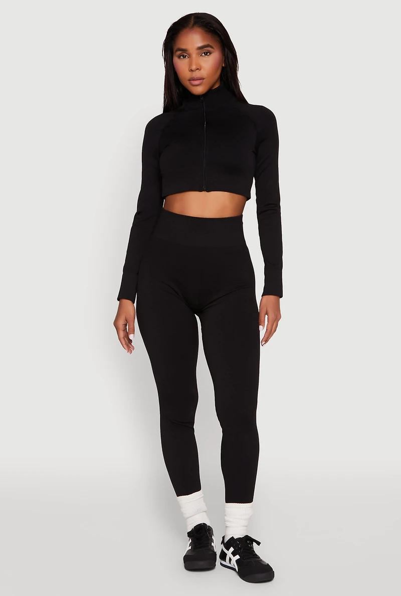 Womens Seamless Mock Neck Zip Front Track Jacket, Black, Size L-XL