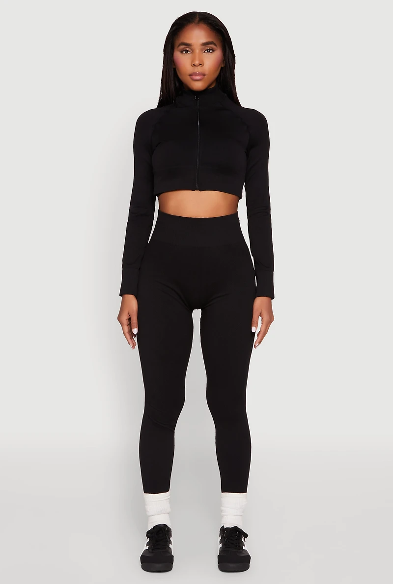 Womens Seamless Mock Neck Zip Front Track Jacket, Black, Size L-XL