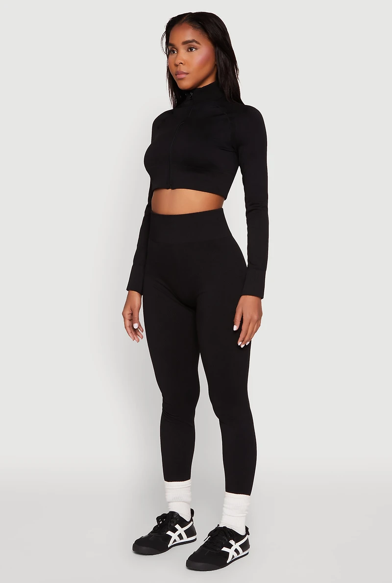 Womens Seamless Mock Neck Zip Front Track Jacket, Black, Size L-XL