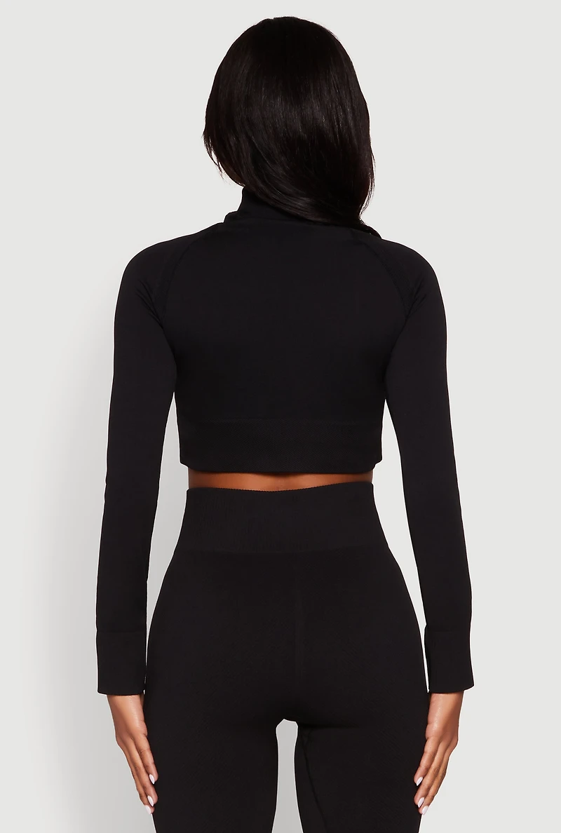 Womens Seamless Mock Neck Zip Front Track Jacket, Black, Size L-XL