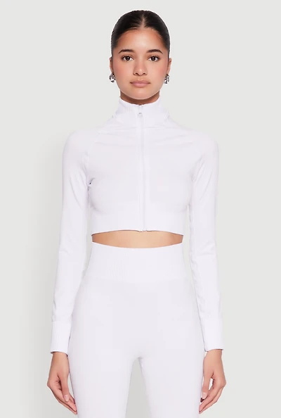 Womens Seamless Mock Neck Zip Front Track Jacket, White, Size L-XL