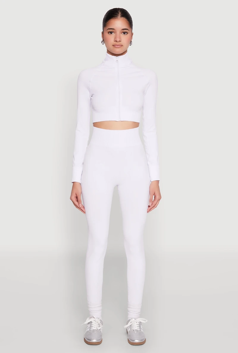 Womens Seamless Mock Neck Zip Front Track Jacket, White, Size L-XL