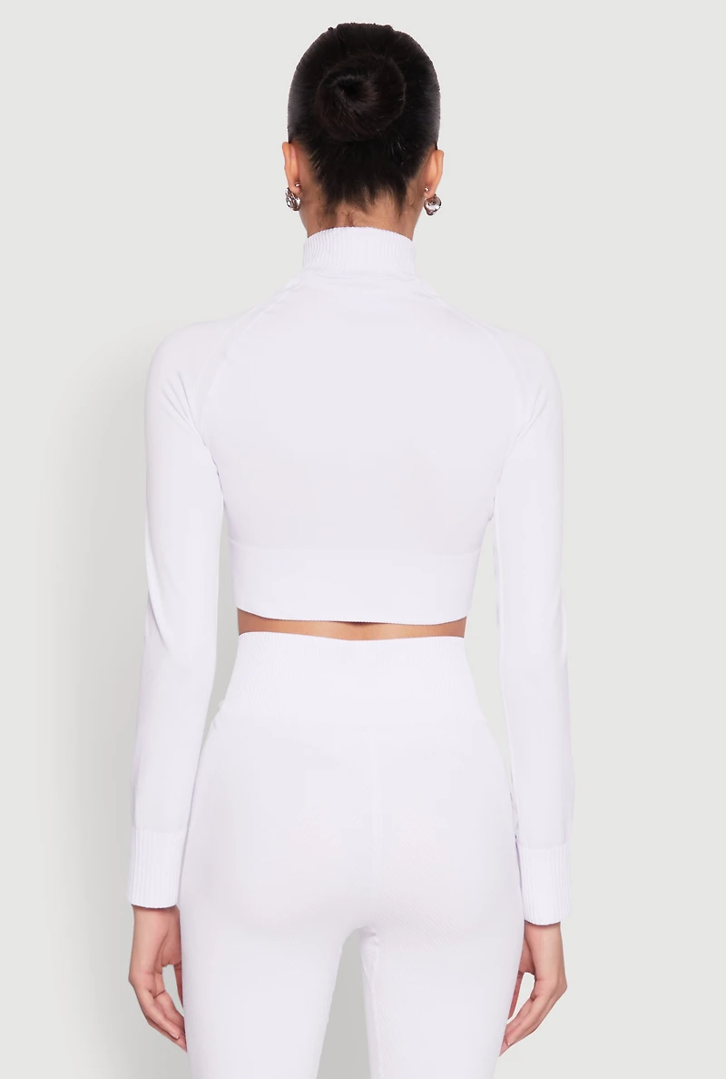 Womens Seamless Mock Neck Zip Front Track Jacket, White, Size L-XL