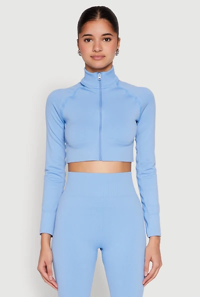 Womens Seamless Mock Neck Zip Front Track Jacket, Blue, Size L-XL