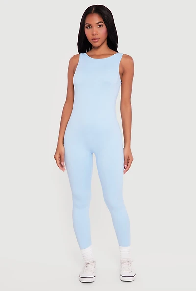 Solid Sleeveless Open Back Catsuit