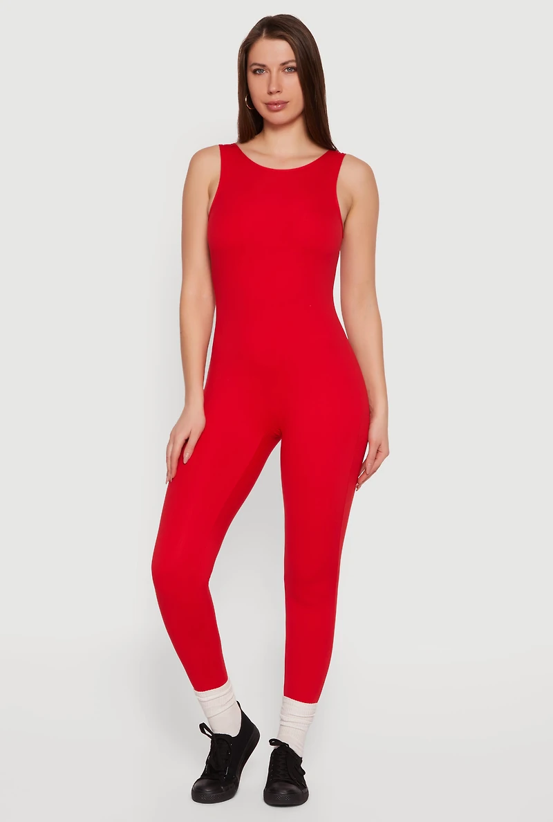 Solid Sleeveless Open Back Catsuit