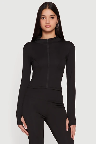 Cropped Mock Neck Zip Front Jacket with Thumb Holes