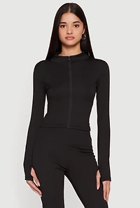 Cropped Mock Neck Zip Front Jacket with Thumb Holes